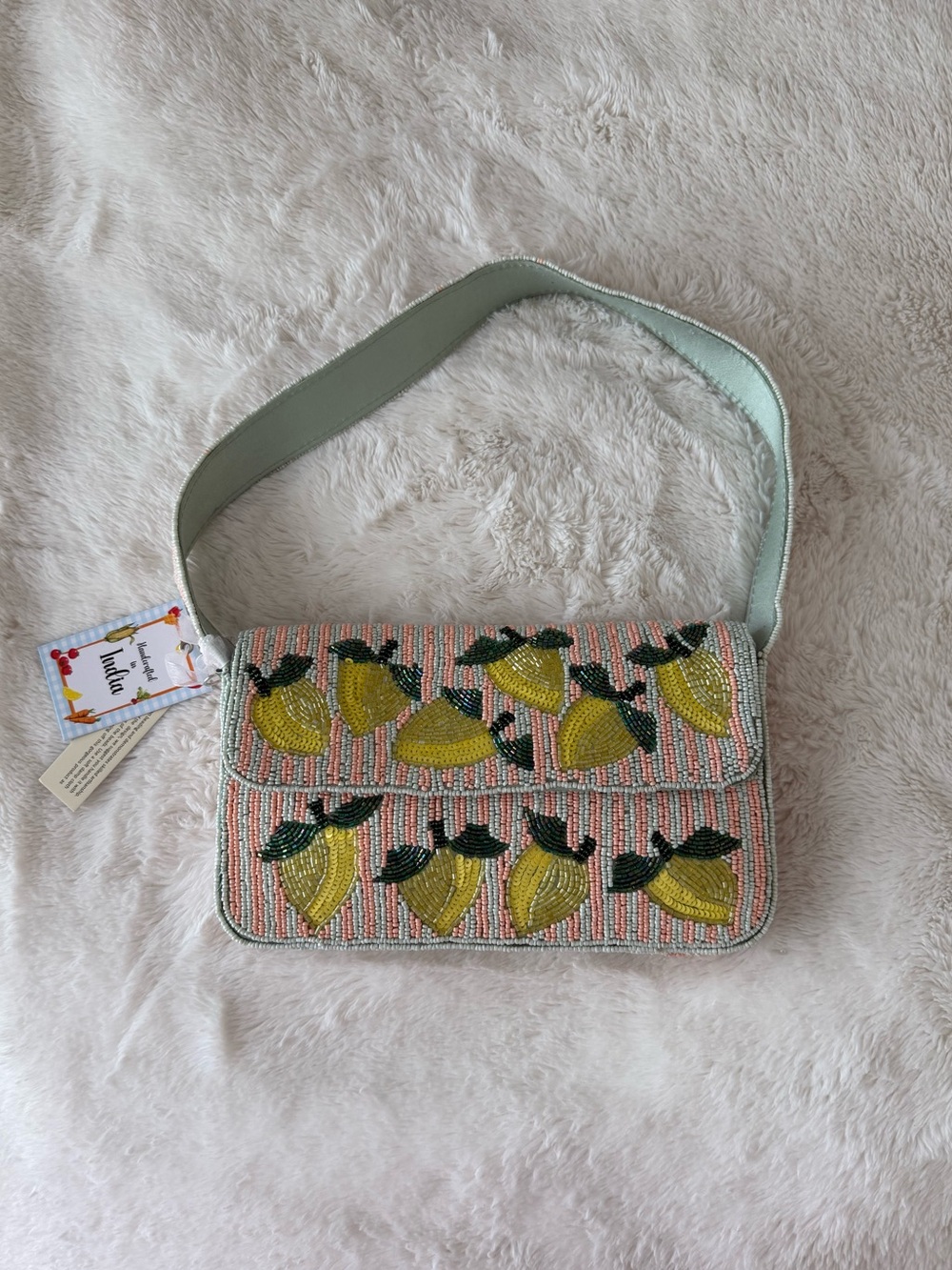 NWT Beaded Lemons Shoulder Bag in Light Green, Pink striped